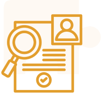 Document with magnifying glass and profile icon.