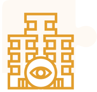 Orange building with eye symbol design.